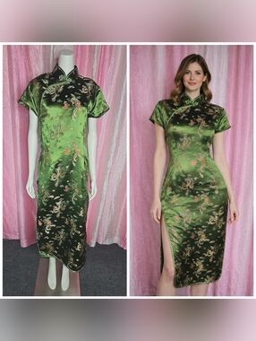 Lian Lin Vintage Grean Asian Floral Emrbroidered Satin Maxi Dress Size Large